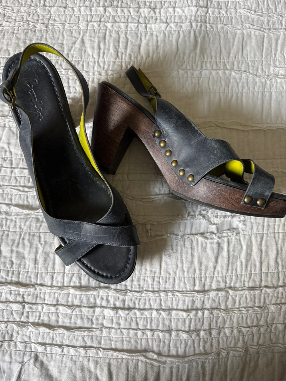 Boden Black Leather Studded Slingback Heels with Yellow Lining